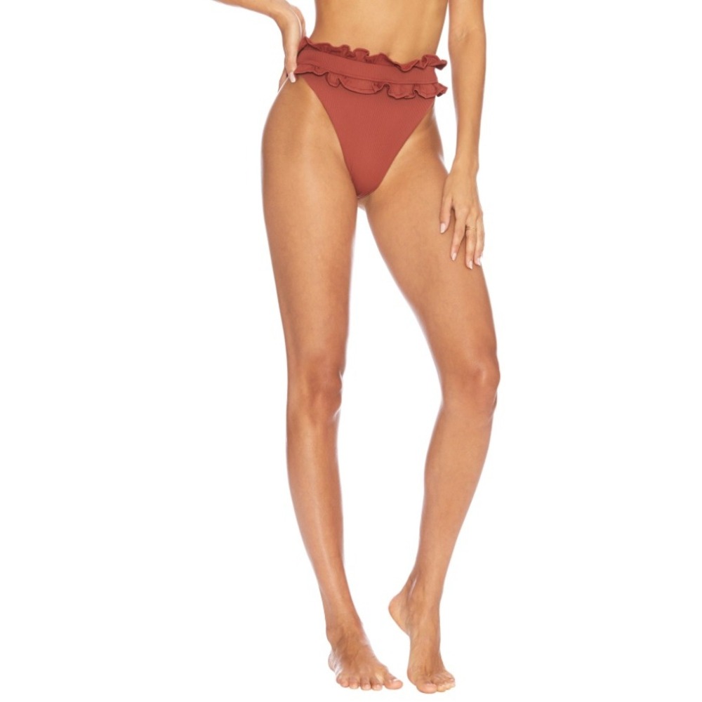 Beach Riot Ivy Ribbed High Rise Ruffle Bikini Bottom Terracotta Rust High Cut S - Picture 1 of 8